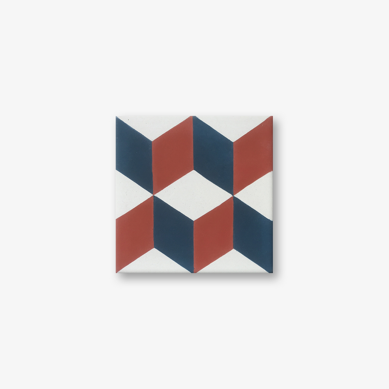 Geometric Marine Blue and Red Encaustic Cement Tile